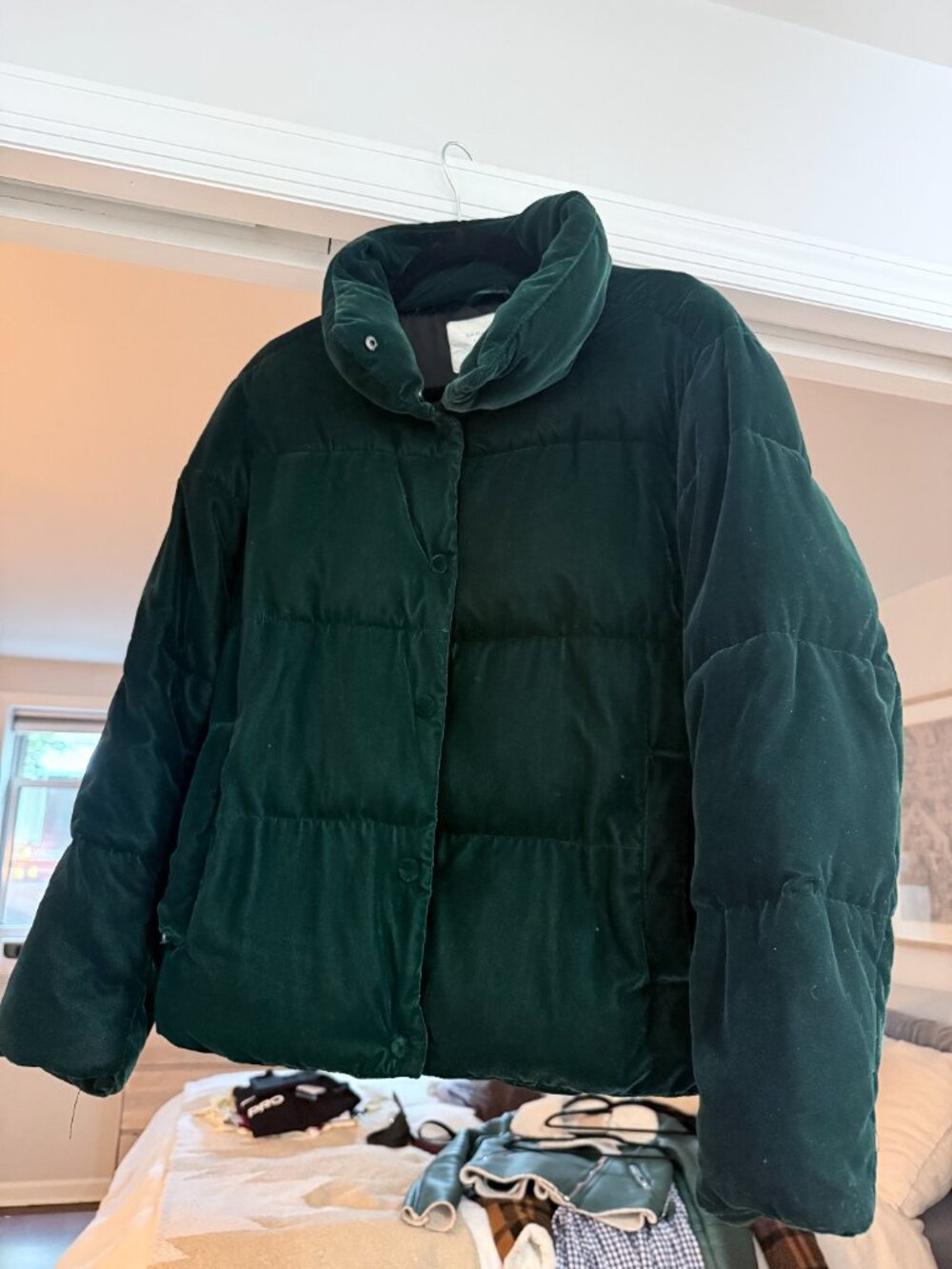 ZARA Dark Forest Green Velvet Collar Puffer Jacket